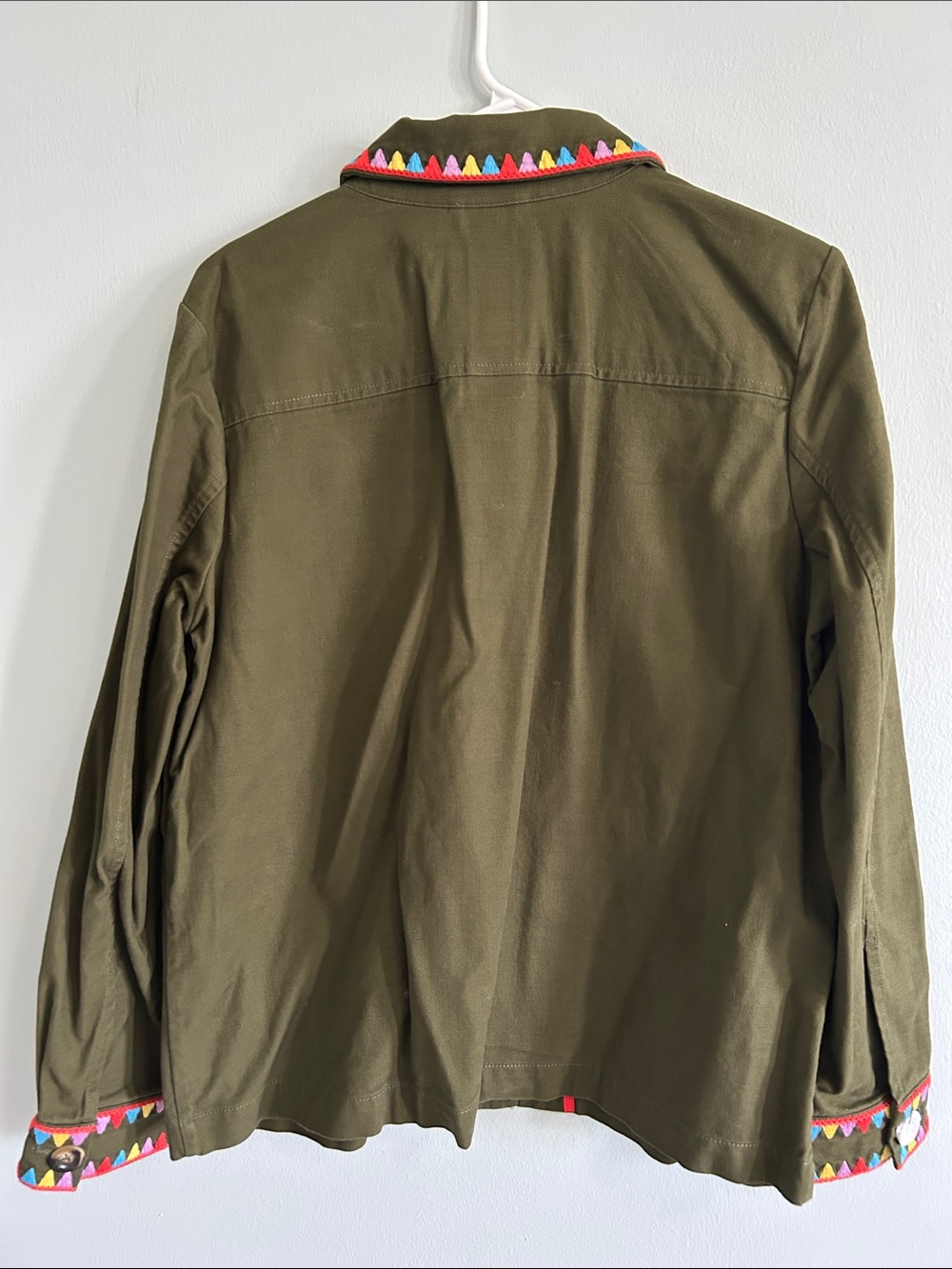 Boden Olive Green Utility Jacket with Colorful Embroidered Trim - Picture 6 of 9